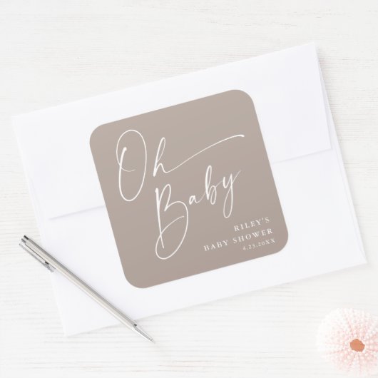 Oh Baby Script Modern Neutraal Baby shower Vierkante Sticker (Envelop)