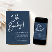 Oh Baby Script Navy Minimalist Baby shower Kaart