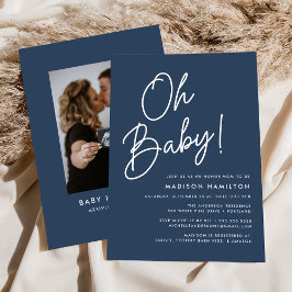 Oh Baby Script Navy Photo Baby shower Kaart