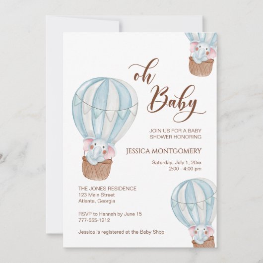 Oh Baby Script Olifant in Heet Luchtballon Douche Kaart (Voorkant)