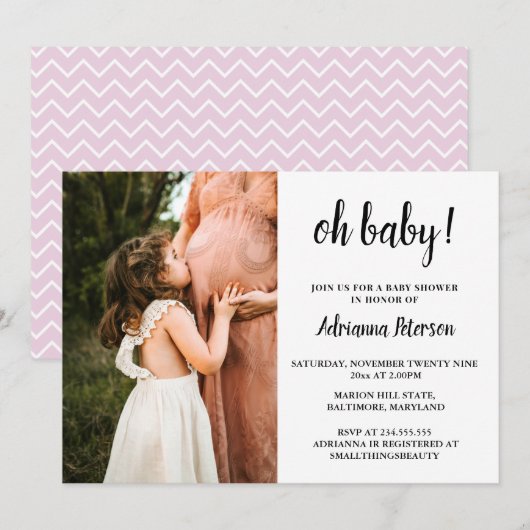Oh Baby Script Roze Baby shower Foto Chevron Kaart (Voorkant / Achterkant)