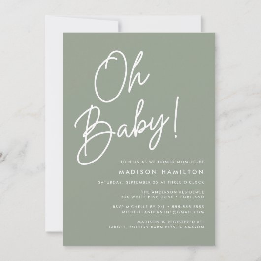 Oh Baby Script Sage Green Minimalist Baby shower Kaart (Voorkant)