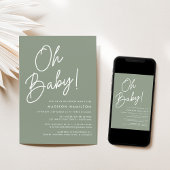 Oh Baby Script Sage Green Minimalist Baby shower Kaart