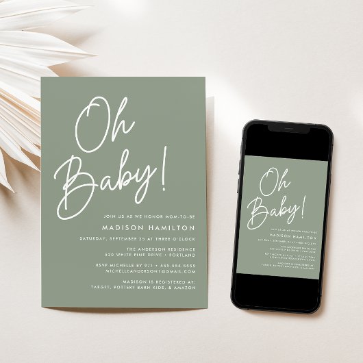 Oh Baby Script Sage Green Minimalist Baby shower Kaart