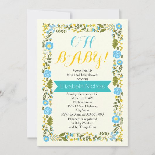 Oh Baby shower aqua en gele florale grens Kaart (Voorkant)