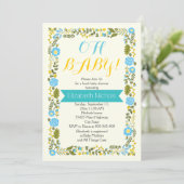 Oh Baby shower aqua en gele florale grens Kaart (Staand voorkant)