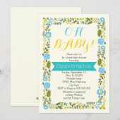 Oh Baby shower aqua en gele florale grens Kaart (Voorkant / Achterkant)