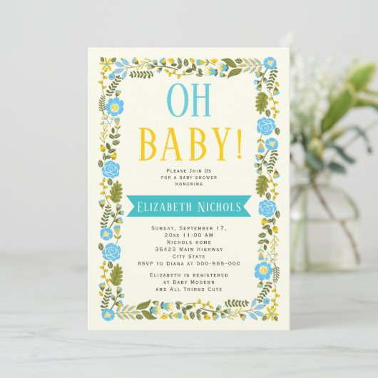 Oh Baby shower aqua en gele florale grens Kaart (Staand voorkant)