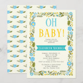 Oh Baby shower aqua en gele florale grens Kaart (Voorkant / Achterkant)