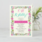 Oh Baby shower aqua, roze moderne florale grens Kaart (Staand voorkant)