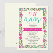 Oh Baby shower aqua, roze moderne florale grens Kaart (Voorkant / Achterkant)