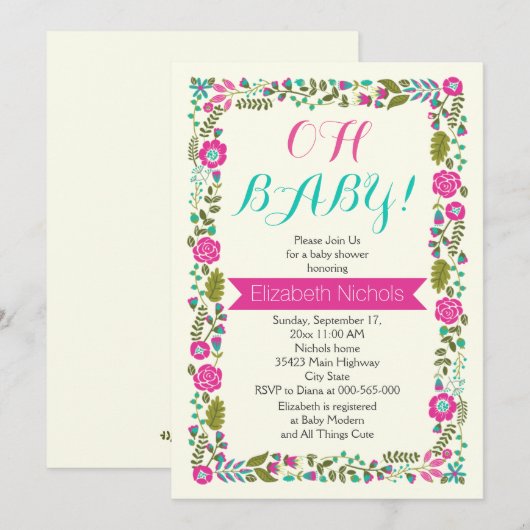 Oh Baby shower aqua, roze moderne florale grens Kaart (Voorkant / Achterkant)