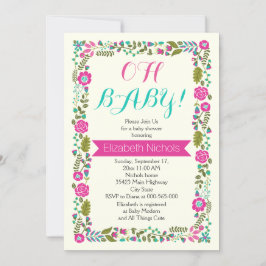 Oh Baby shower aqua, roze moderne florale grens Kaart