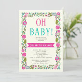 Oh Baby shower aqua, roze moderne florale grens Kaart (Staand voorkant)