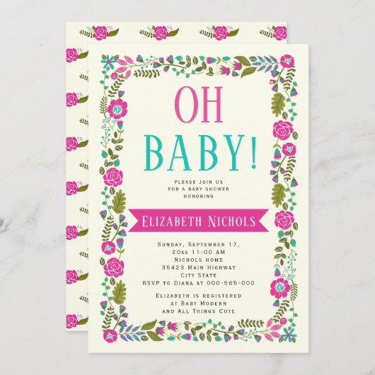 Oh Baby shower aqua, roze moderne florale grens Kaart (Voorkant / Achterkant)