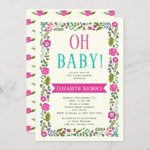 Oh Baby shower aqua, roze moderne florale grens Kaart