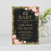 Oh Baby shower - Black Gold Glitters Pink Floral Kaart (Staand voorkant)