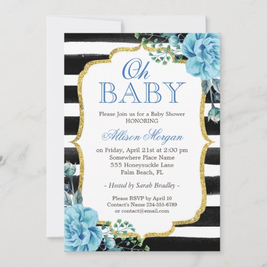 Oh Baby Shower Blauwe Bloemen Goud Zwarte Strepen Kaart (Voorkant)