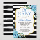 Oh Baby Shower Blauwe Bloemen Goud Zwarte Strepen Kaart (Voorkant / Achterkant)