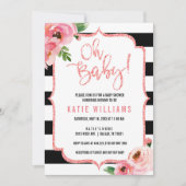 Oh Baby Shower Bloemen Roze Gestreepte Uitnodiging (Voorkant)