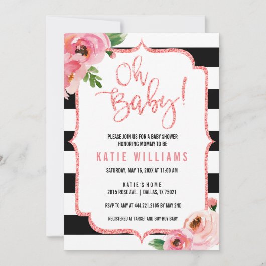 Oh Baby Shower Bloemen Roze Gestreepte Uitnodiging (Voorkant)