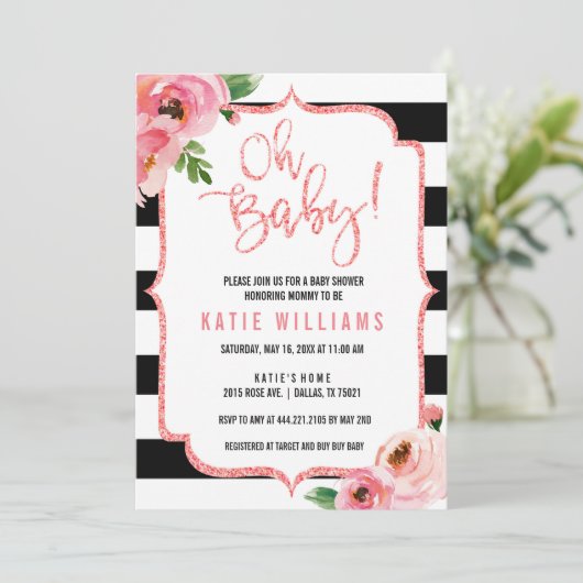 Oh Baby Shower Bloemen Roze Gestreepte Uitnodiging (Staand voorkant)