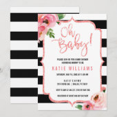 Oh Baby Shower Bloemen Roze Gestreepte Uitnodiging (Voorkant / Achterkant)