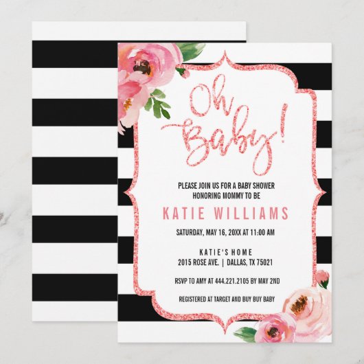 Oh Baby Shower Bloemen Roze Gestreepte Uitnodiging (Voorkant / Achterkant)