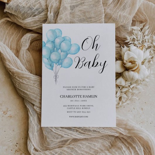 Oh Baby shower Blue Balloon Invitation Kaart
