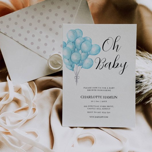 Oh Baby shower Blue Balloon Invitation Kaart