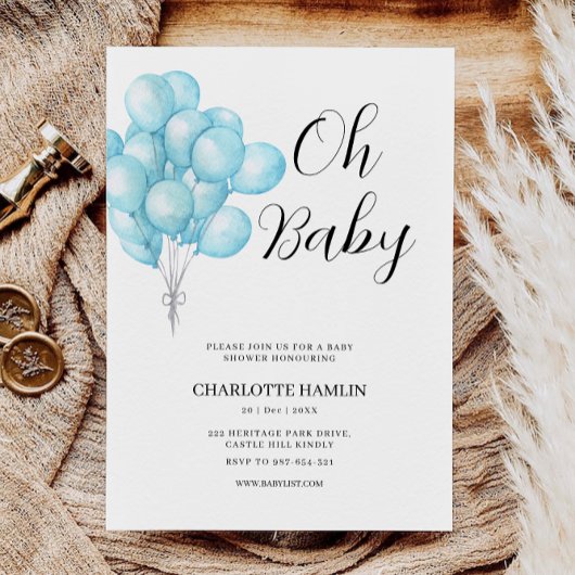 Oh Baby shower Blue Balloon Invitation Kaart