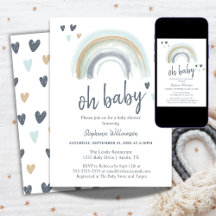 Oh Baby shower Blue Boho regenbooguitnodiging