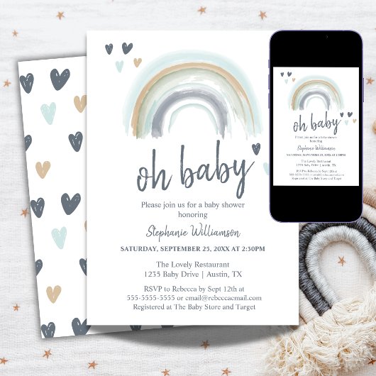 Oh Baby shower Blue Boho regenbooguitnodiging Kaart