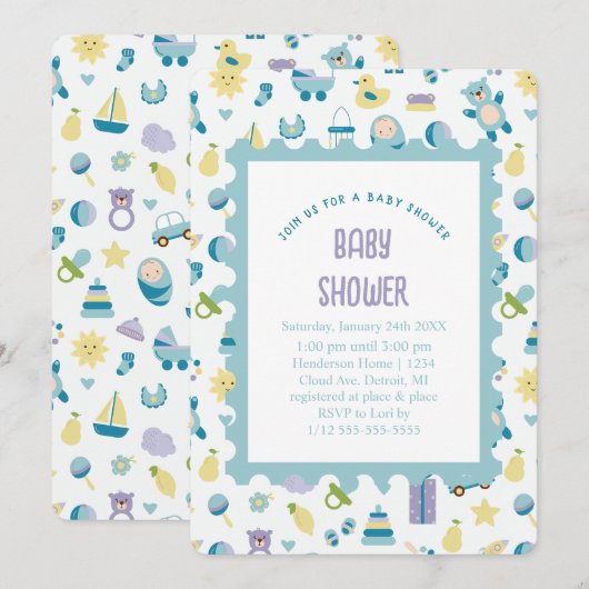 Oh Baby shower Blue Invitation Kaart (Voorkant / Achterkant)
