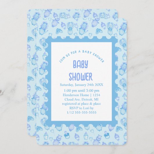Oh Baby shower Blue Invitation Kaart (Voorkant / Achterkant)