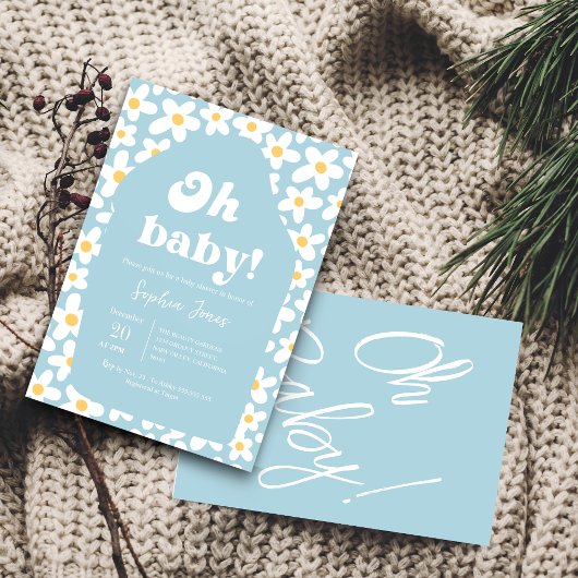 Oh Baby shower | Blue Retro Daisy 70s uitnodiging Informatiekaartje