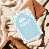 Oh Baby shower | Blue Retro Daisy 70s uitnodiging Informatiekaartje