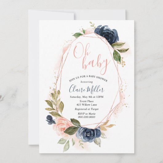 Oh Baby shower Blush en Navy uitnodiging (Voorkant)