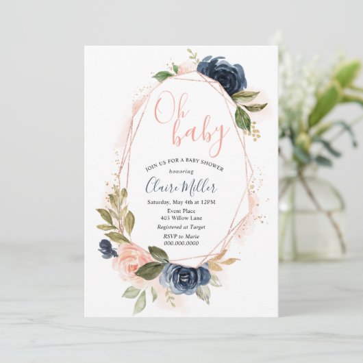 Oh Baby shower Blush en Navy uitnodiging (Staand voorkant)