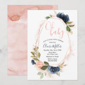 Oh Baby shower Blush en Navy uitnodiging (Voorkant / Achterkant)