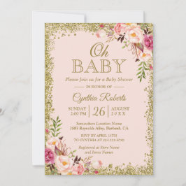 Oh Baby shower - Blush Pink Gold Glitters Floral Kaart