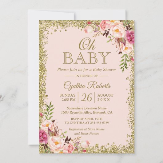Oh Baby shower - Blush Pink Gold Glitters Floral Kaart (Voorkant)