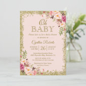 Oh Baby shower - Blush Pink Gold Glitters Floral Kaart (Staand voorkant)