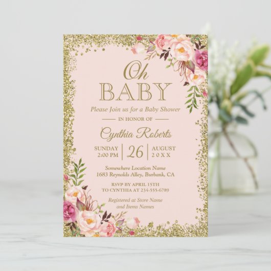 Oh Baby shower - Blush Pink Gold Glitters Floral Kaart (Staand voorkant)