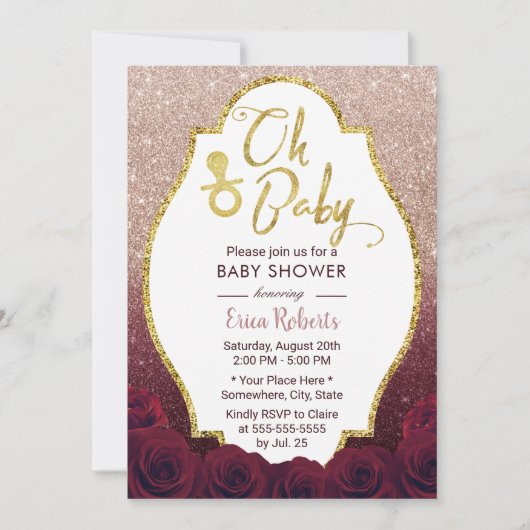 Oh Baby shower Burgundy & Roos Gold Ombre Glitter Kaart (Voorkant)