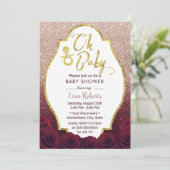 Oh Baby shower Burgundy & Roos Gold Ombre Glitter Kaart (Staand voorkant)
