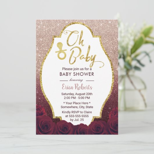 Oh Baby shower Burgundy & Roos Gold Ombre Glitter Kaart (Staand voorkant)