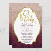 Oh Baby shower Burgundy & Roos Gold Ombre Glitter Kaart (Voorkant / Achterkant)