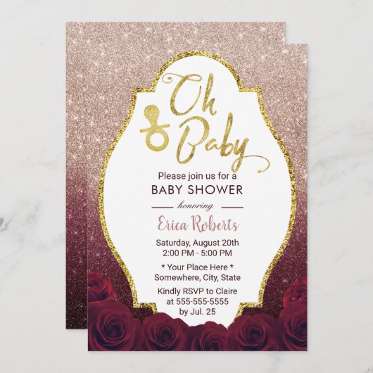 Oh Baby shower Burgundy & Roos Gold Ombre Glitter Kaart (Voorkant / Achterkant)
