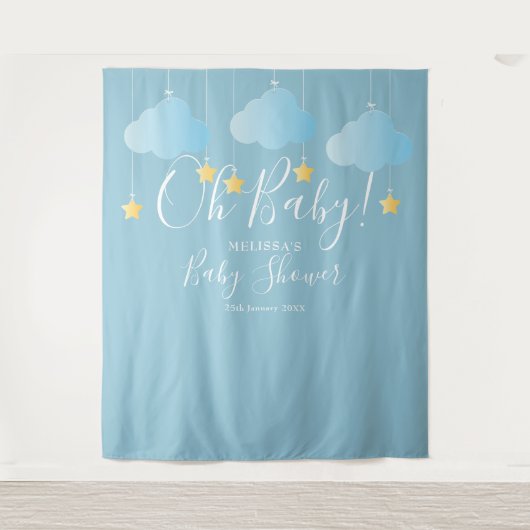 Oh Baby Shower Cute Blauwe Fotohokje Achtergrond Wandkleed (Voorkant)